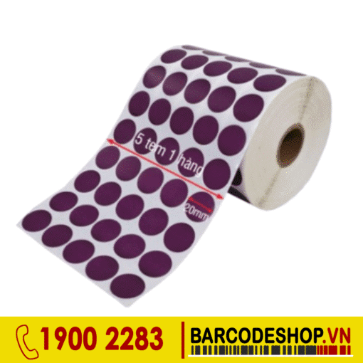 Decal giấy tem tròn phi 20mm màu tím loại 5 tem 1 hàng